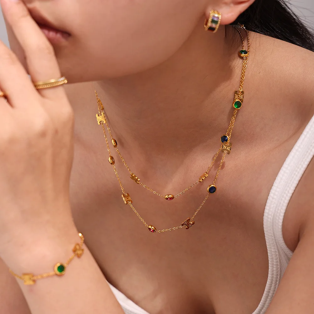 

French Retro Plated 18k Gold Color Titanium Steel Women Necklace Simple Color Zircon Jewelry Fashion Accessories Fashion Gifts