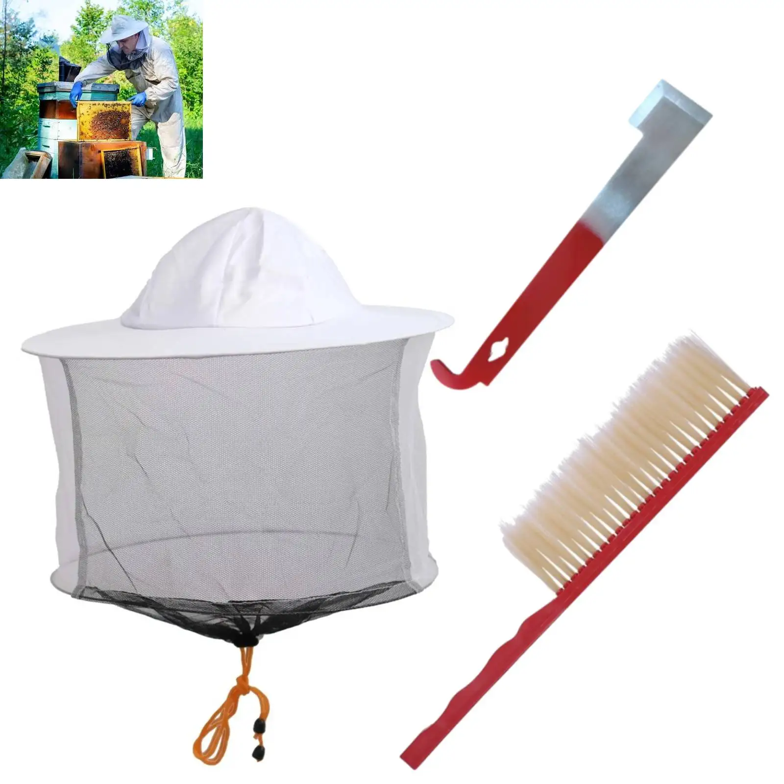3-in-1 Beekeeping Tools Set Beekeeping Supplies Set with Outdoor Round Hat/ Stainless Steel Hive Tool and Plastic Bee Brush