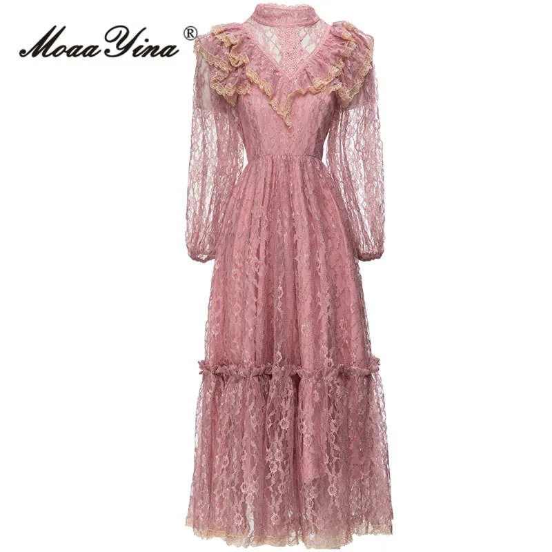 

MoaaYina Summer Fashion Runway Pink Vintage Lace Dress Women Stand Collar Three-quarter Sleeve Ruffle High Waist Slim Long Dress