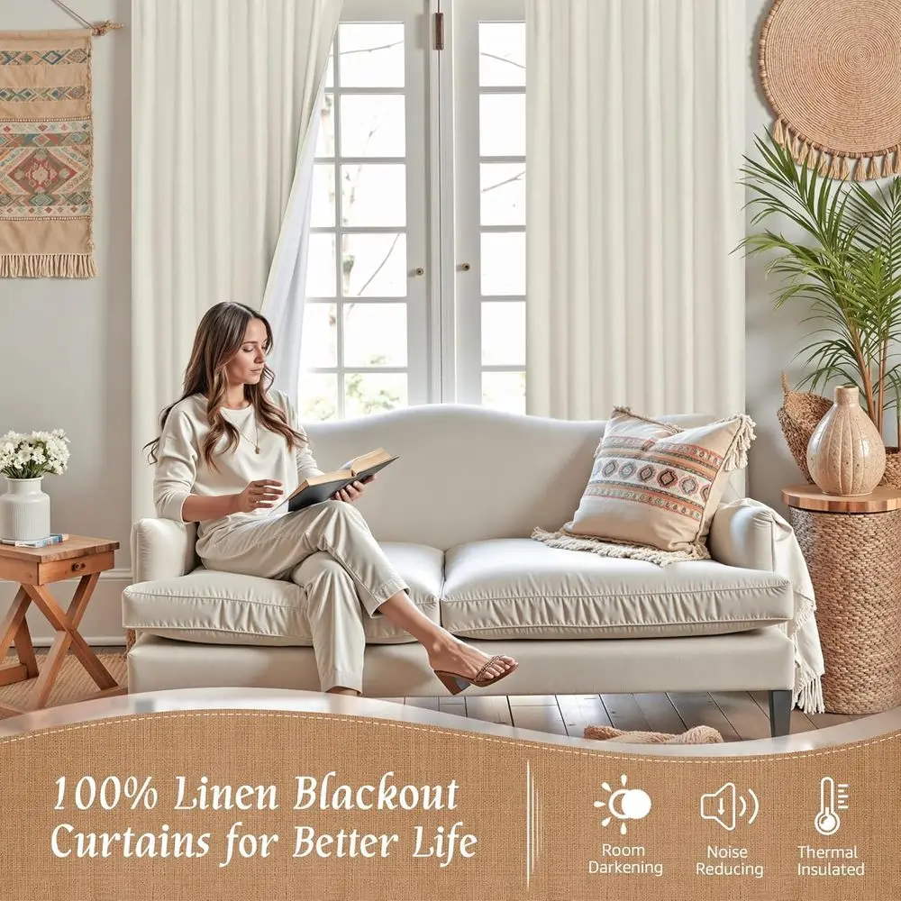 95 rideaux isolés texturés en lin ivoire avec doublure blanche, 52 x 95, ensemble 2 panneaux pour le salon