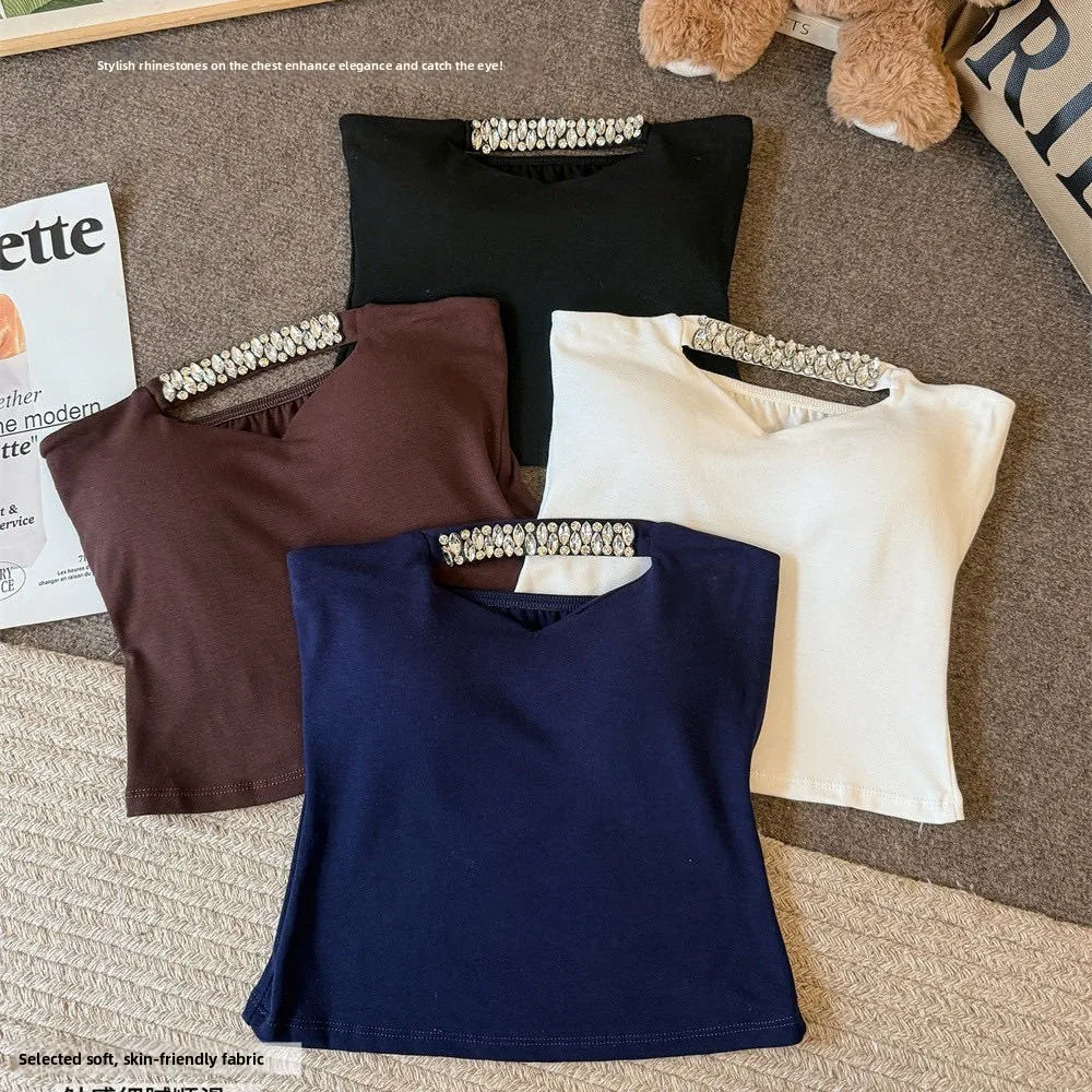 Summer New Pure Desire Diamond Embedded Hollow out One Shoulder Women's Slim Fit Versatile Fixed Strap Chest Pad Top
