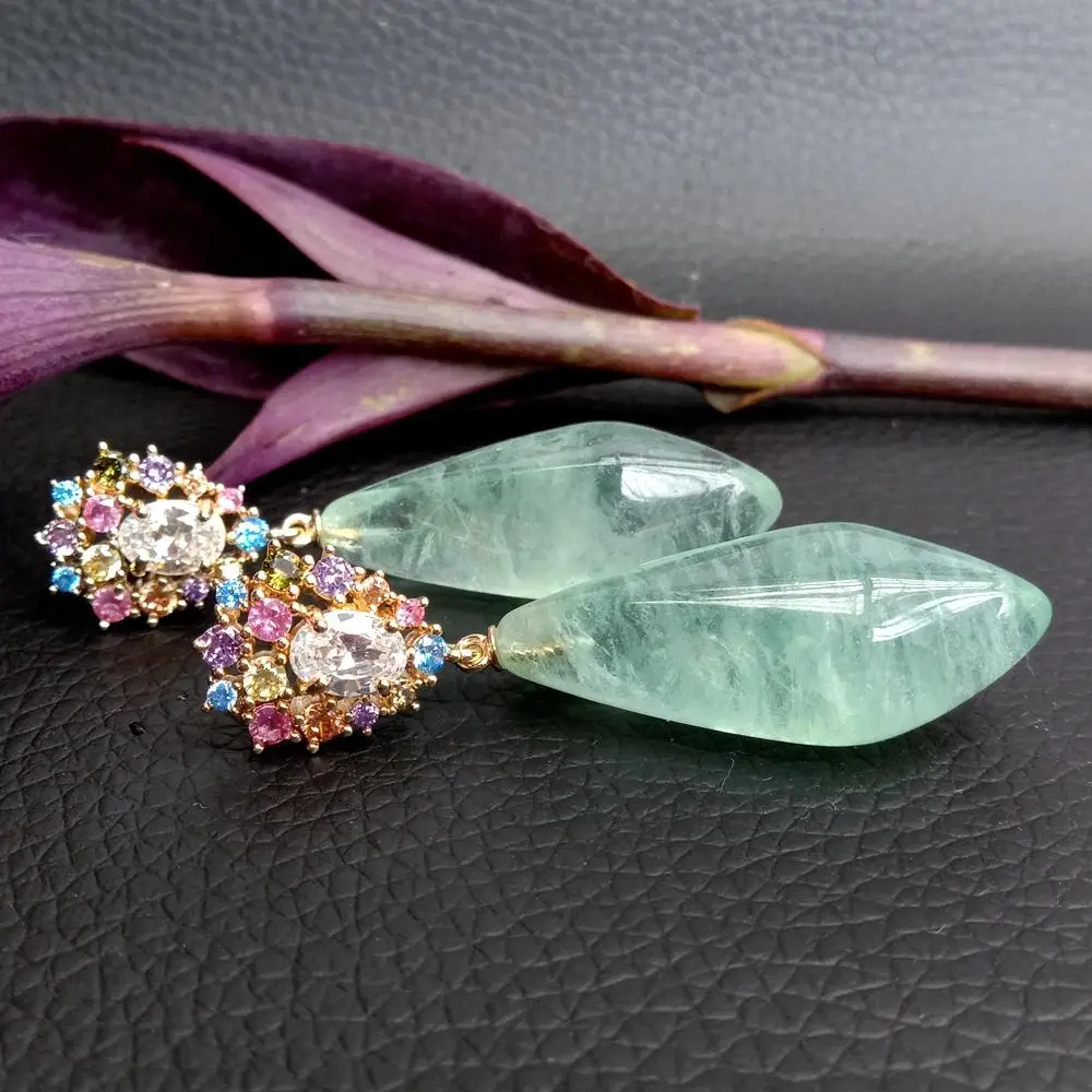 

YYGEM Natural green Fluorite teardrop multi color cz pave stud earrings