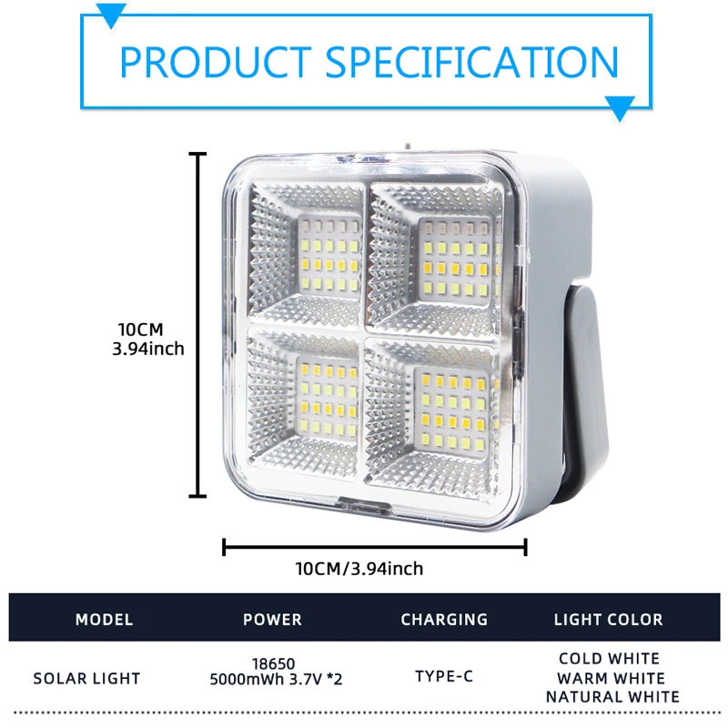 Rechargeable LED Solar Street Lamp LED Outdoor Flood Light Type-C USB Emergency Camping Hanging Lantern Solarlight External