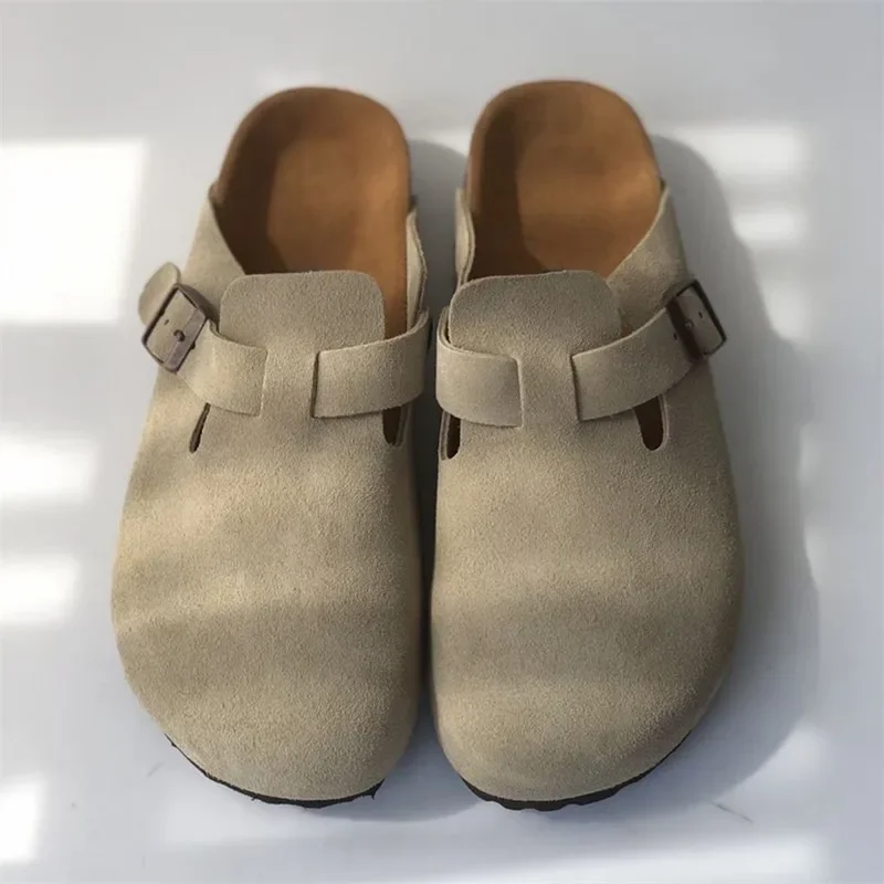 

Anti-fur Baotou Slipper Women 2024 Beach Gladiator Flat Shoes Genuine Leather Cork Half Slipper