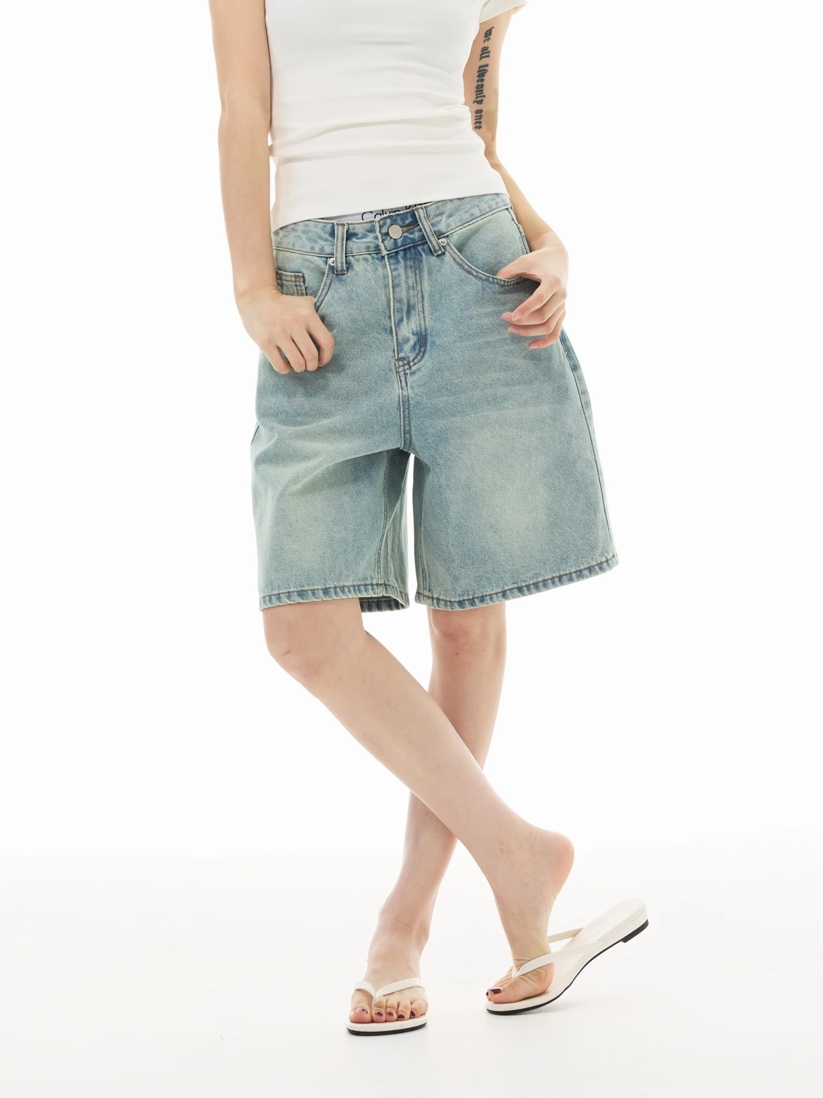 Yeboon American Retro Washed out Loose Men's Jeans Light Blue Cotton Denim Casual Versatile Spring Commuting Shorts