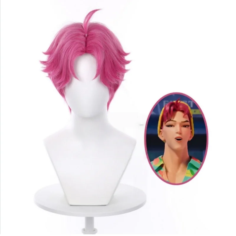 

Moive KPop Demon Hunters Wig Saja Boys Abby Wig Pink Red Heat Resistant Synthetic Hair Cosplay Halloween Party Wigs + Wig Cap