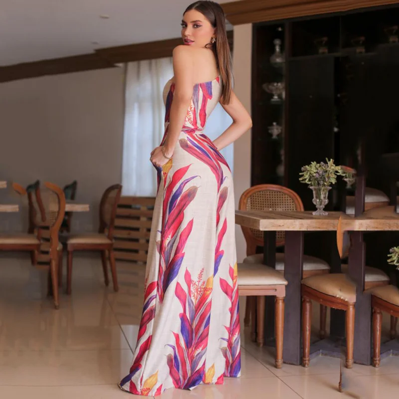 

2024-Border New Arrival Women's Clothing Fashion One Shoulder Print Sleeveless Dress Long Dress Femal