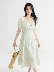 DUSHU Floral Chiffon Long Dress Women Summer Square Neck Short Sleeve Long A-LINE Green Floral Dresses 24DS82798