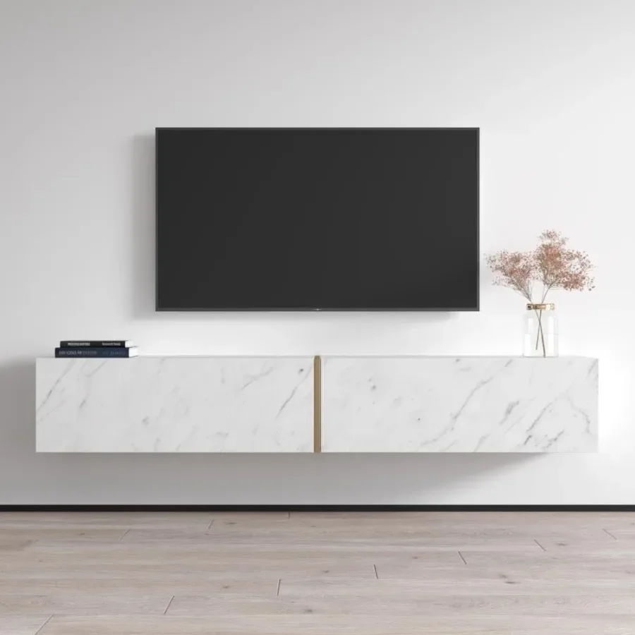Modern wall-mounted media console for living room use, made of engineered wood in white finish, featuring floating design and s