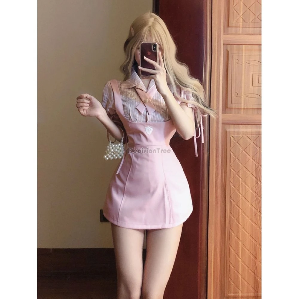 2024 summer women daily college style school uniform set printing button top tight fitting skirt hot girl sexy school uniform