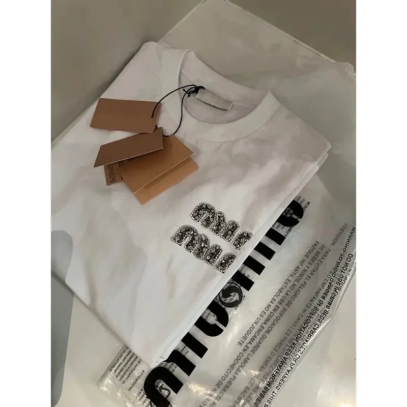 Femme Fashion Diamonds Letter White Short Sleeve T-Shirts Summer Casual Loose Top Tee Women Clothing Simplicity Tee Shirt
