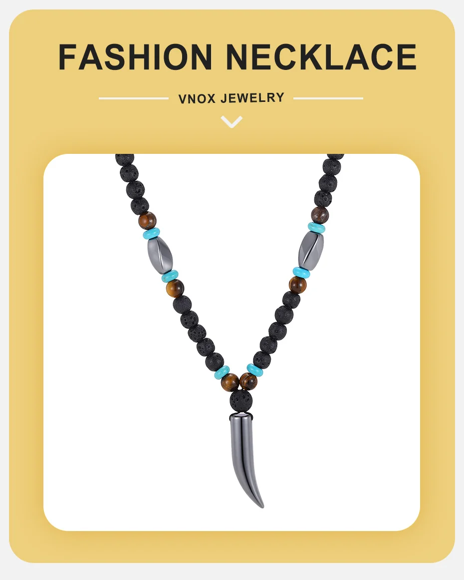 Vnox Herren Lavastein-Perlenkette, Hämatit-Wolfszahn-Anhänger, Tigerauge-Türkis-Perlen Tribal Männerschmuck für den Alltag, Geschenk – Detail 1