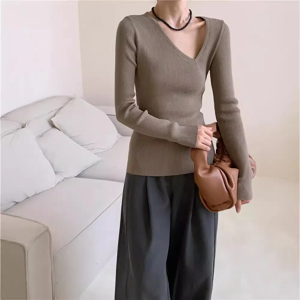 

7805, осень-зима, сплошной цвет, нерегулярный асимметричный дизайн шеи, обычные плечи, облегающий сексуальный вязаный свитер, базовая рубашка, топ