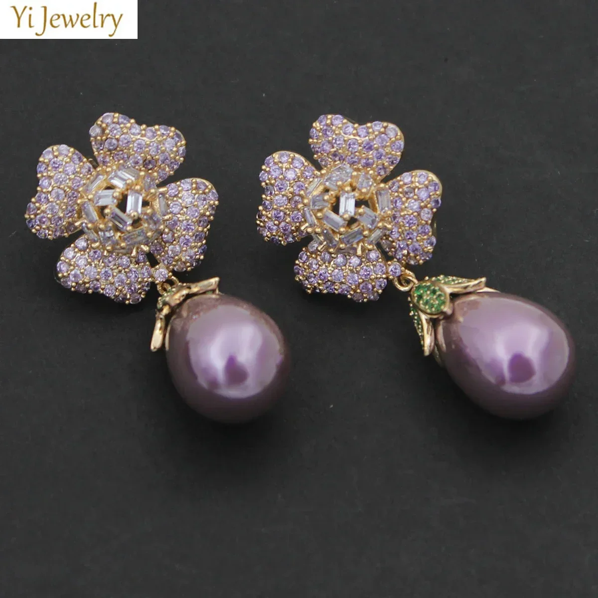 Sweet Earrings Flower Purple White Pearl pendant Earrings shiny zircon Dinner Party Wedding Bridal elegant Jewelry Female Gift