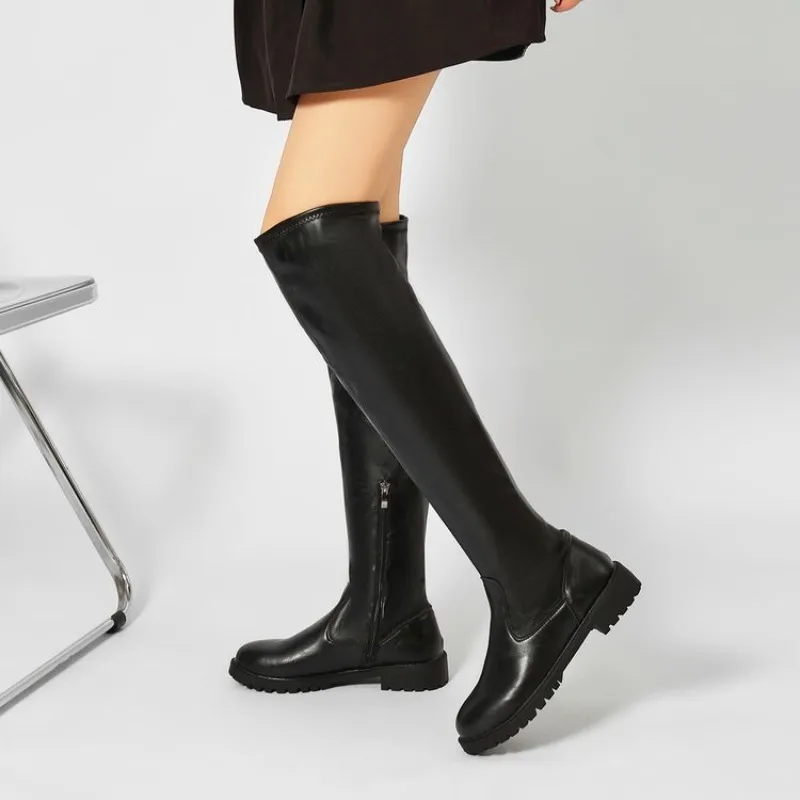 Women's Over-The-Knee Boots Round Toe Flat Heel Smooth-Look Upper Side Zipper Casual Long Boots Everyday Fashion Footwear Choice