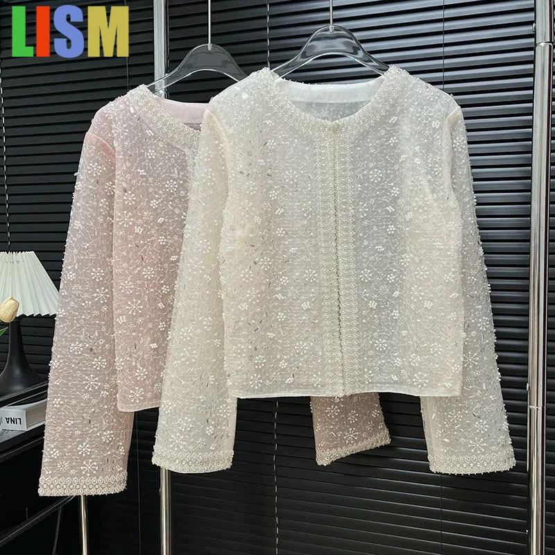 

LISM winter women's jackets Luxury High-end Beaded Round Neck Women's windbreaker Elegant Rhinestone Jacket Pearl Sequin Top