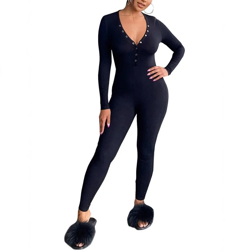 E Baby Women's Pure Color Sexy V-neck Long Sleeve Onesie Tight Fitting Home Clothes Thin Fabric Ladies Jumpsuit Home Wear