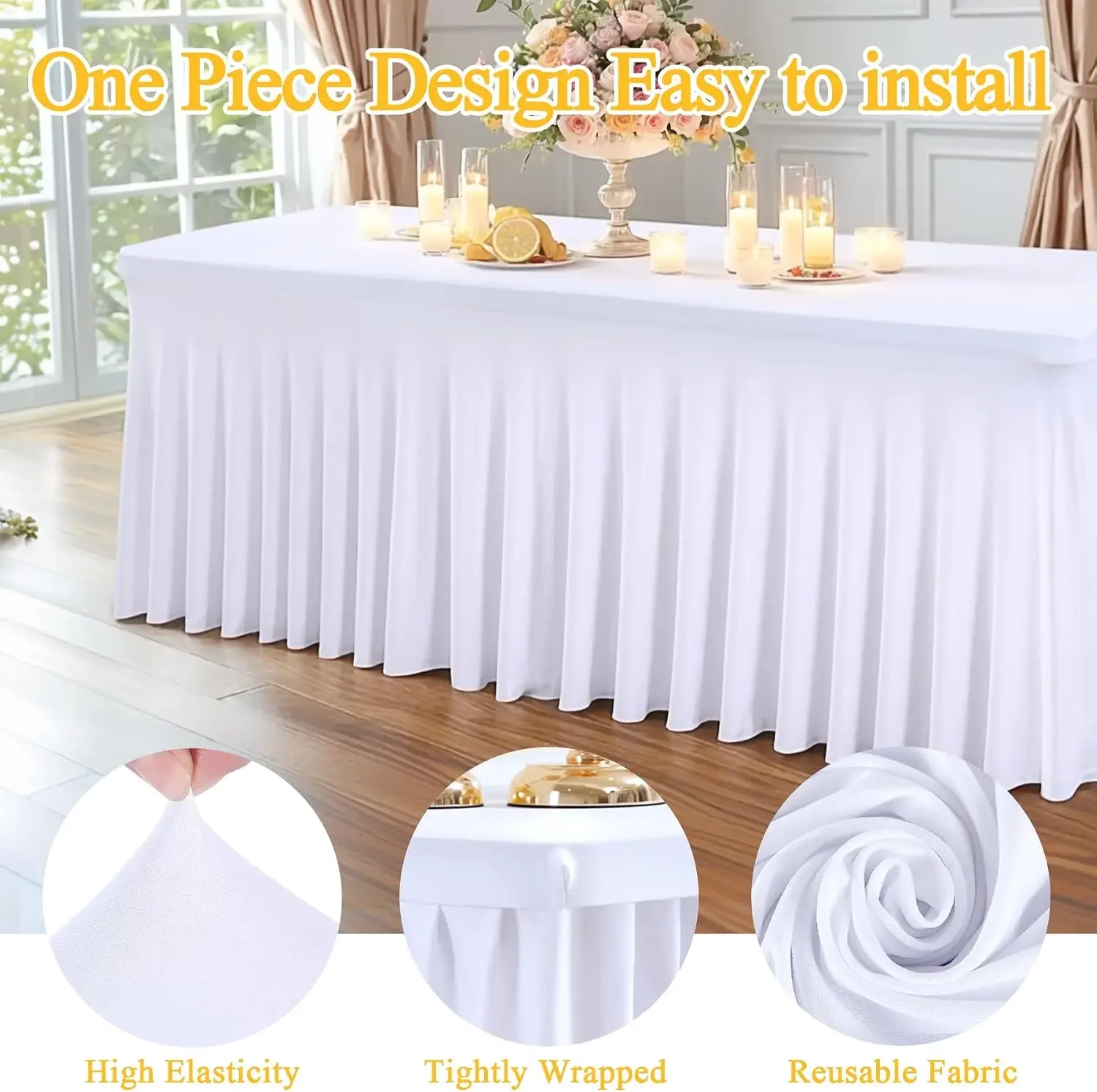 8 Packs White Spandex Table Covers 6 Foot, Fitted Stretch Table Cloth with Skirts 72x30 Inch, Wrinkle-Free Floor Length Rectangl