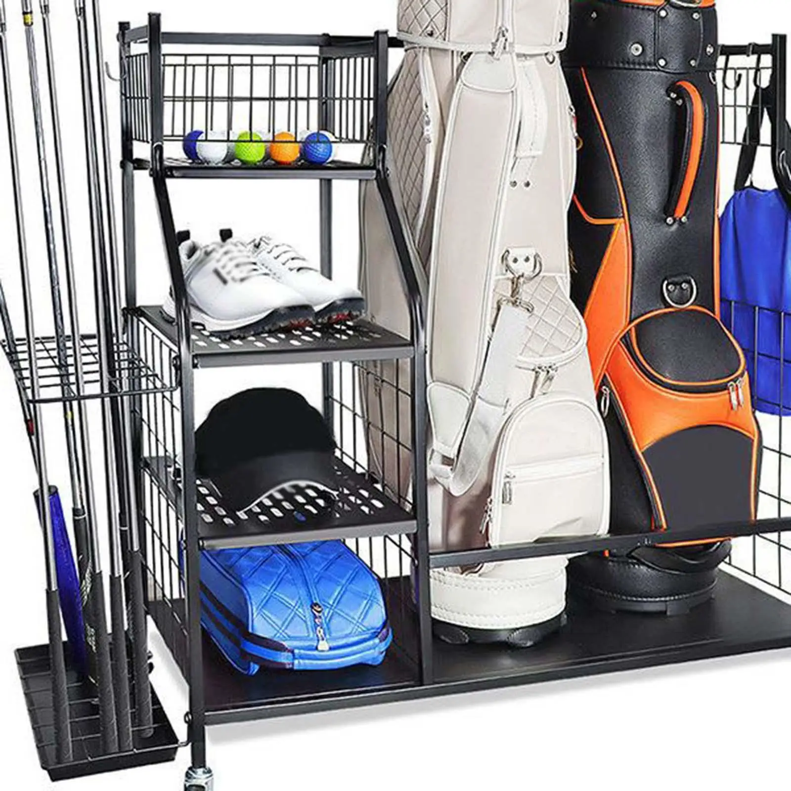 Golf Bag Storage Display Rack Practical with Caster Wheels Metal Golf Bag Stand for Club Basement Shed Golf Course Living Room