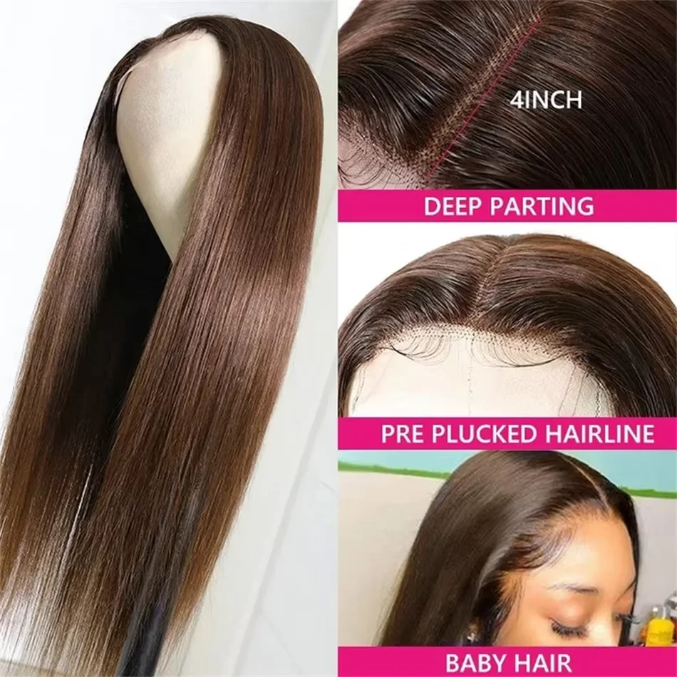 Nenhum emaranhado 4x4 hd laço transparente chocolate marrom frontal peruca de cabelo humano em linha reta peruca de cabelo indiano 180 densidade peruca para mulher