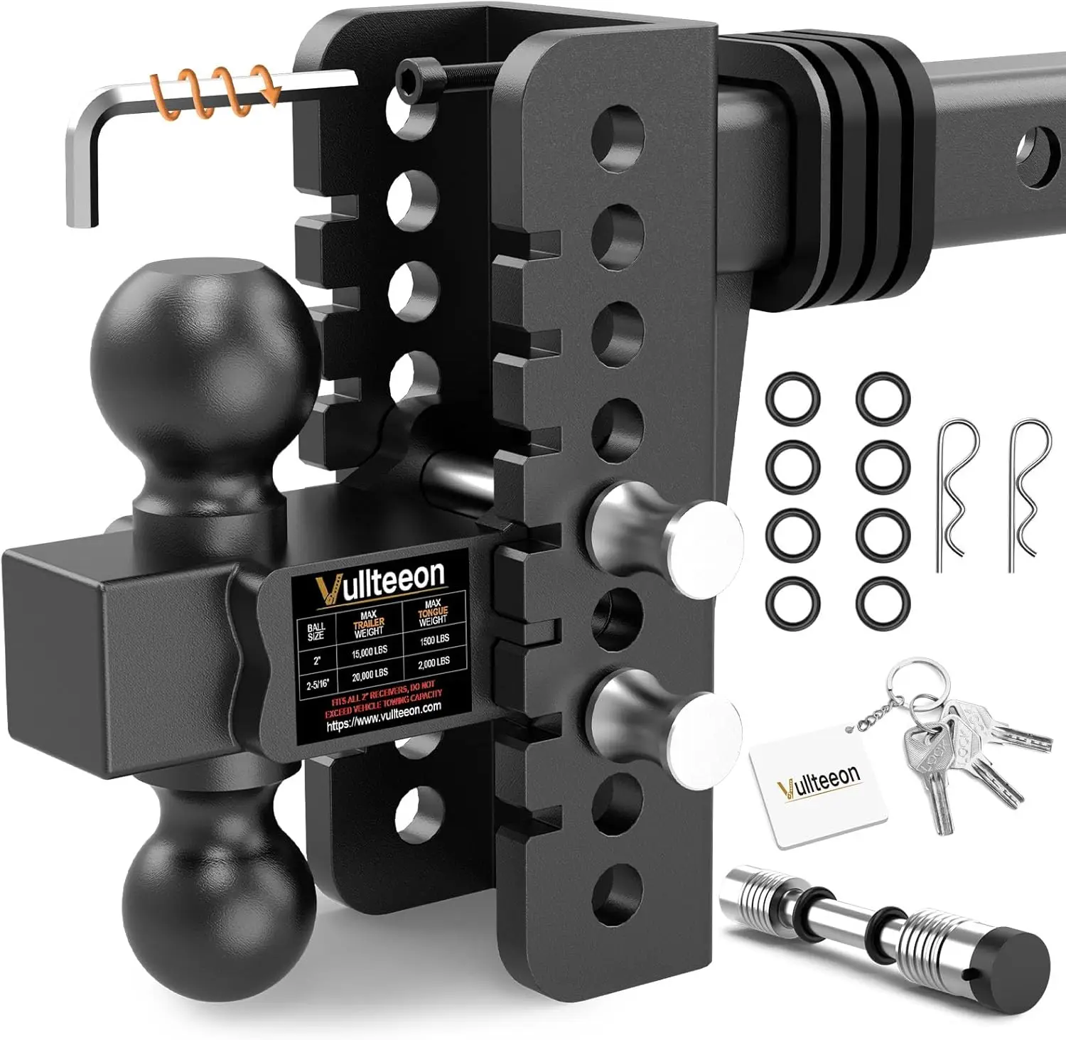 

Регулируемый прицепной фаркоп для 2-дюймового приемника, с двумя шаровыми опорами (2'' и 2-5/16''), грузоподъемность 20 000 фунтов (GTW) с противоугонными шпильками