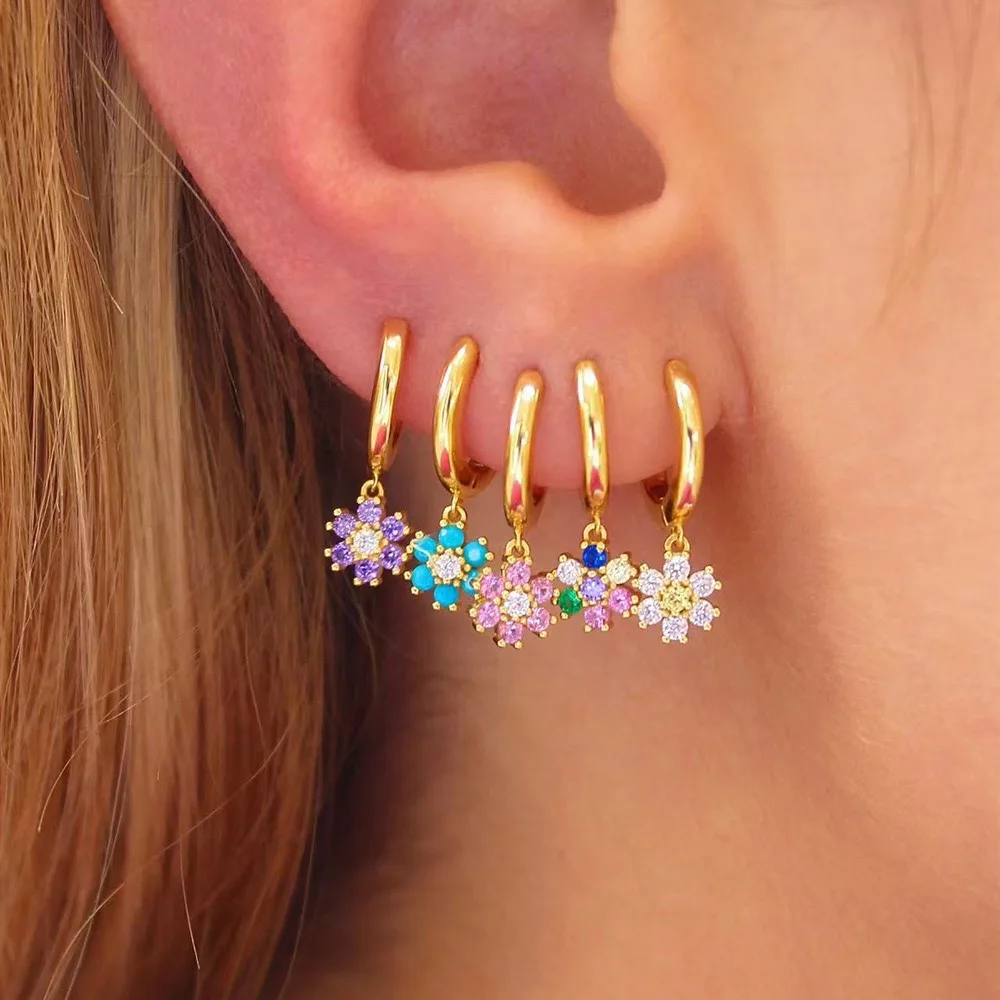 1Pair Elegant 99% Pure Titanium Gold Plated Flower Drop Earrings For Women Little Zircon Pendant Earrings Party Wedding Jewelry