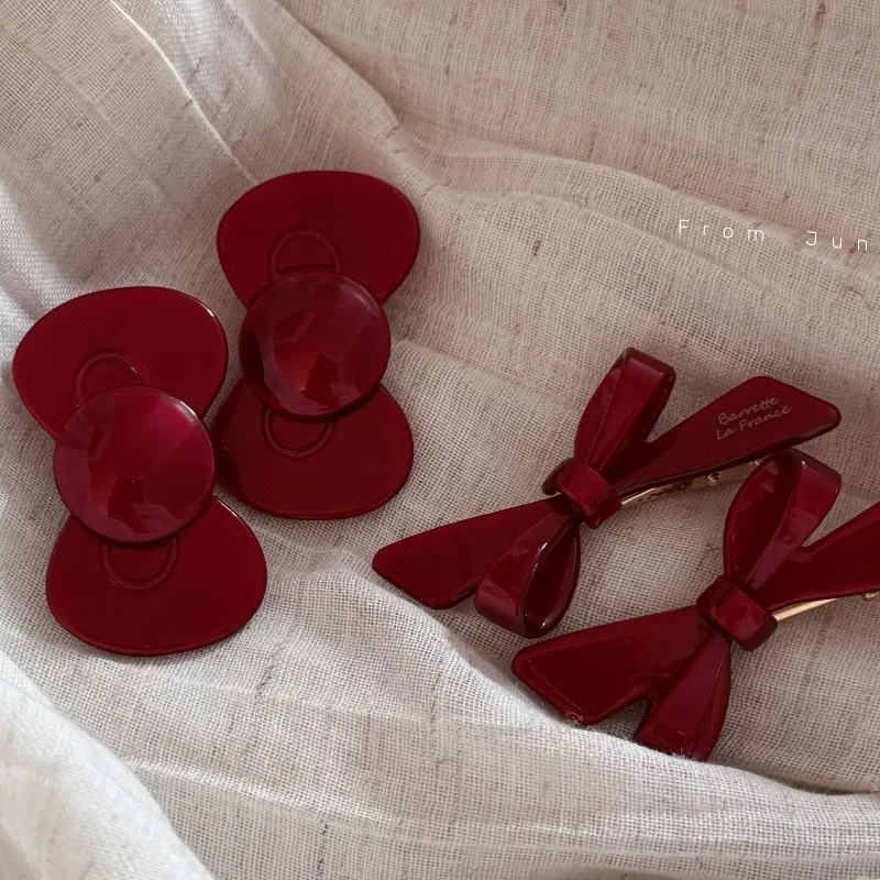 New Year's Burgundy Bow Hairpin Bangs Duckbill Clip Femininity Versatile Side Hairpin Headgear Hair Accessories