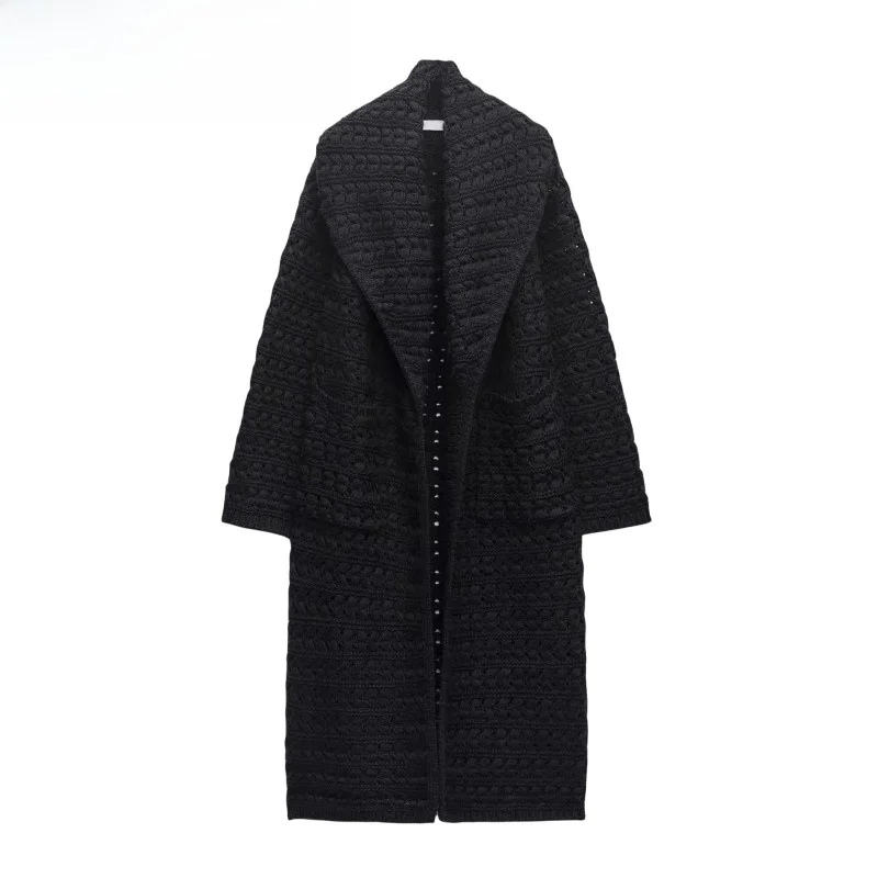 

Spring New Wide Collar Long Sve Bla Texture Hollow Knitted Long Coat Women's Outerwear Casual Sle Commute Faion