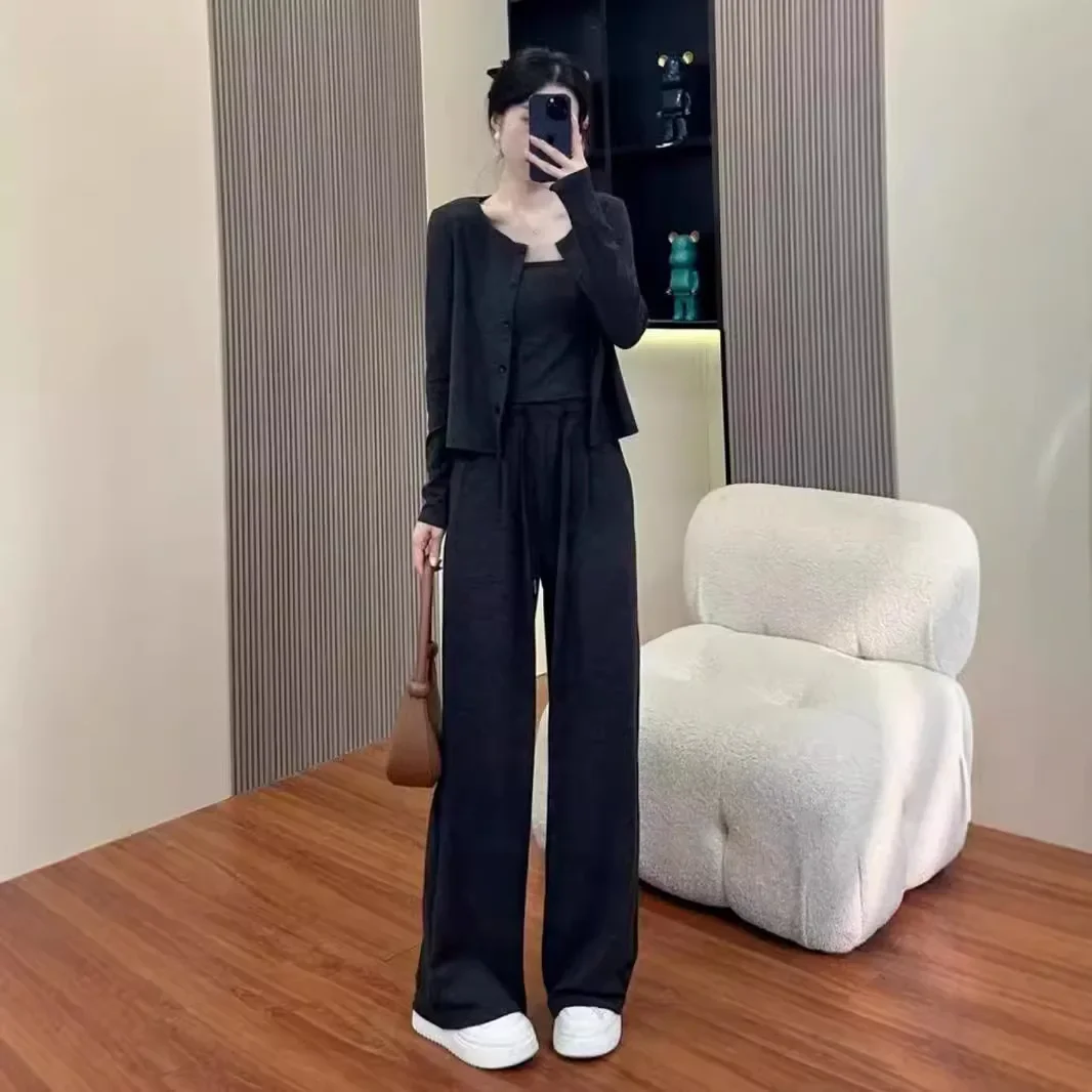 Casual Lazy Wind Relaxed Sense of Leisure Suit Women Autumn Winter 2024 New Loose Cardigan Halter Wide Leg Pants Three-piece Set