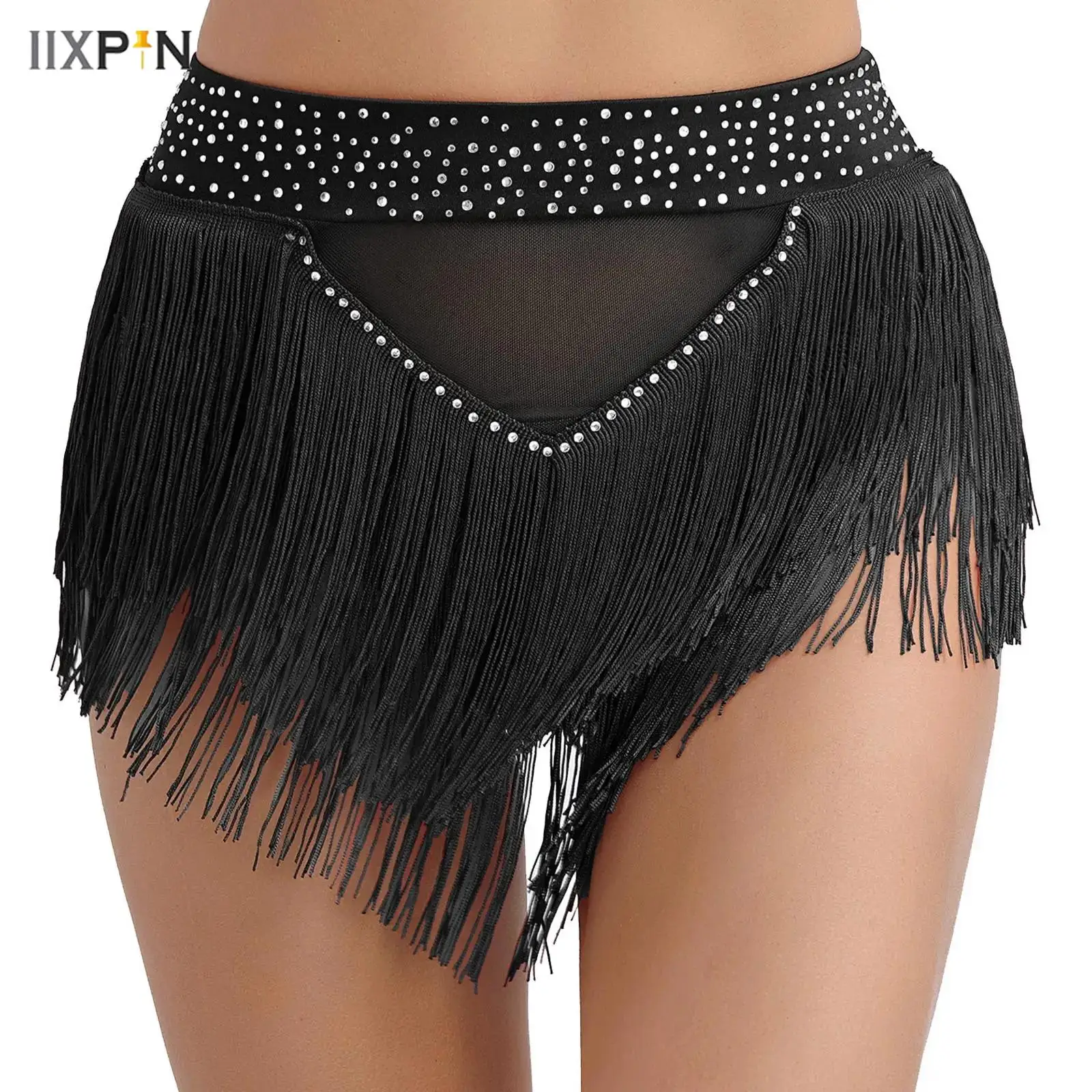 Damen Bauchtanz Rock Shorts Bottoms Glänzende Strass Quaste Durchsichtige Mesh Slips Unterwäsche Samba Latin Jazz Dancewear Neu