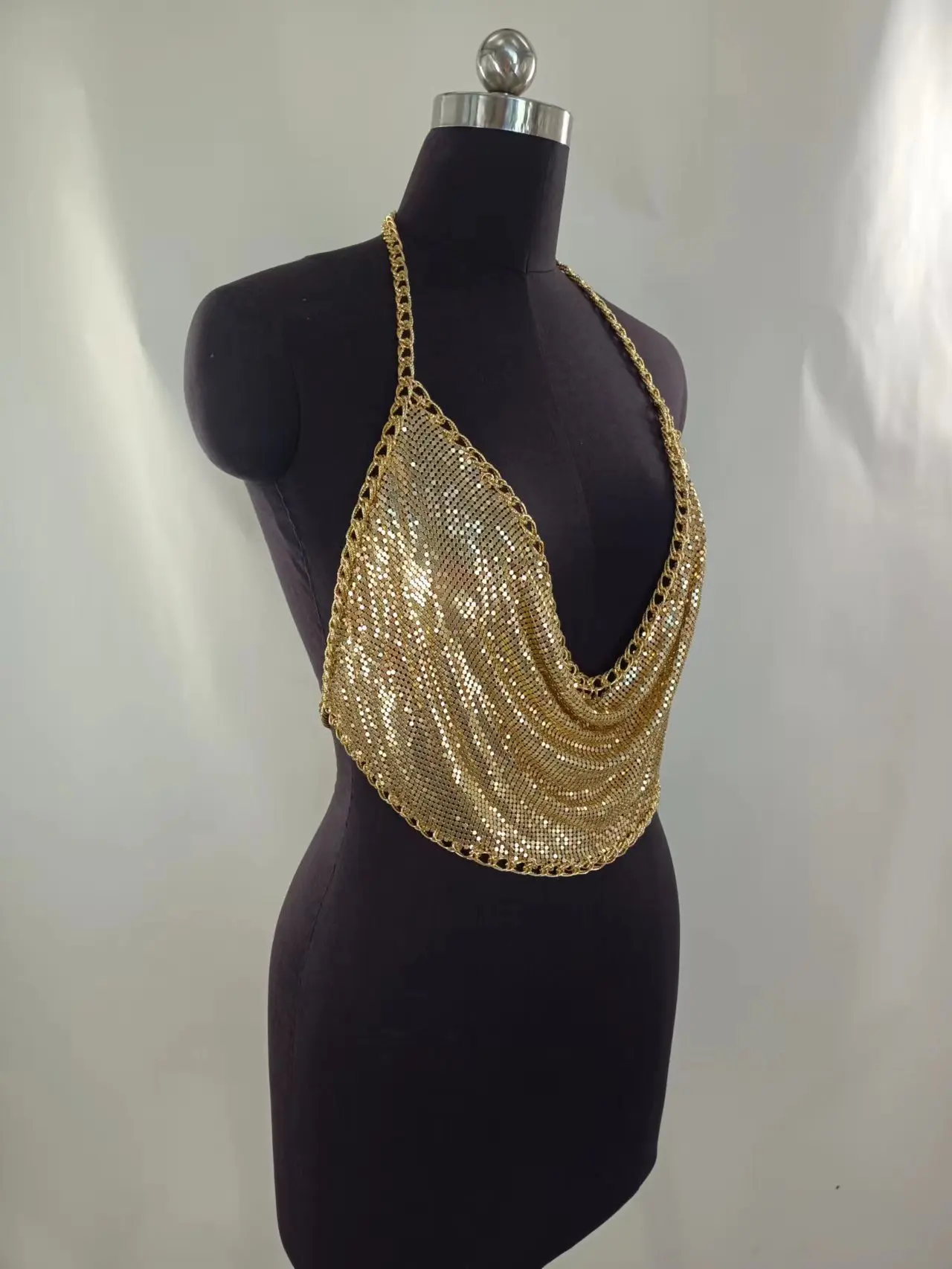 New rhinestones with sequins flat metal chain splicing V-neck halter top small vest