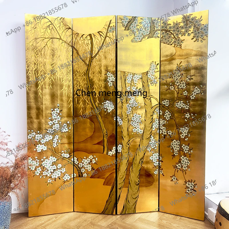 hand-painted flower and bird painting gold foil screen Japanese tea room living room partition background wall folding screen