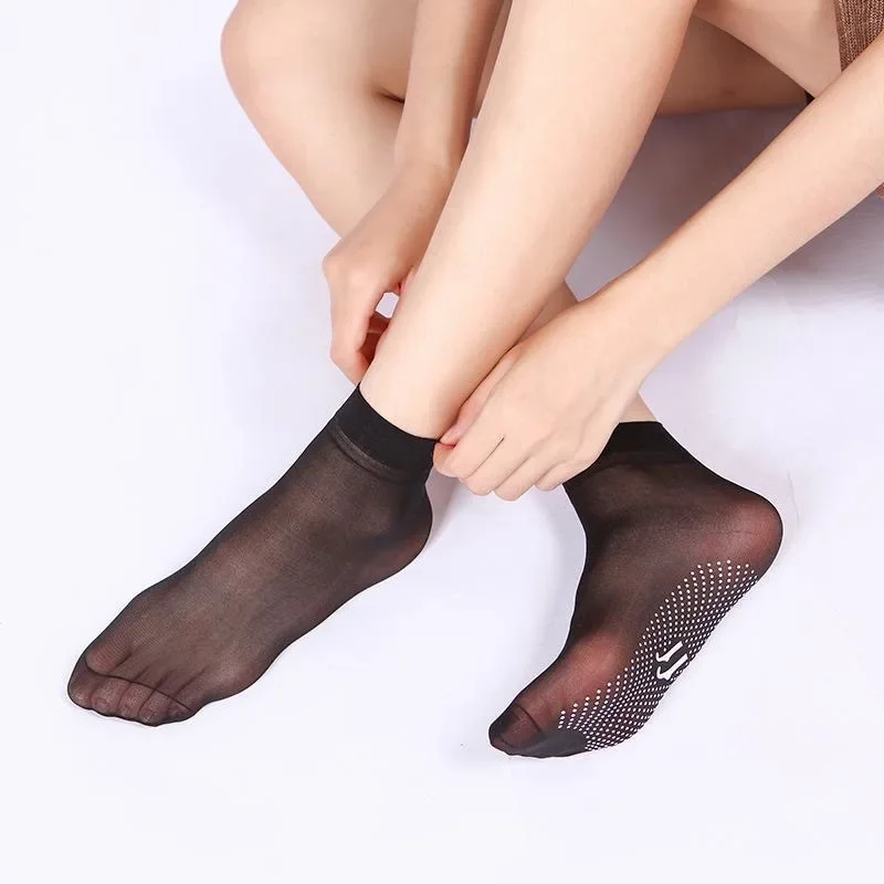 Spring Summer Women Soft Socks Thin Silk Socks Non-Slip Bottom Splice Fashion Transparent Ladies Breathable Sock