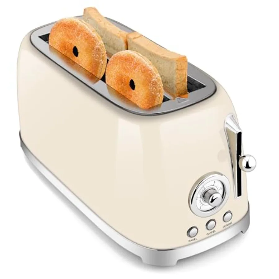 

4-Slice Wide Slot Stainless Steel Toaster with Retro Design for Bread Bagel Defrost and Reheat Function Removable Crumb Tray 15