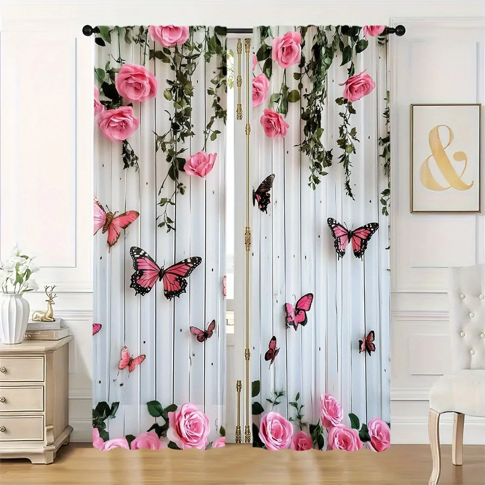 2pcs Pink Rose and Butterfly Print Curtains Floral Vine Pattern Polyester Window Drapes for Living Room Bedroom Decor