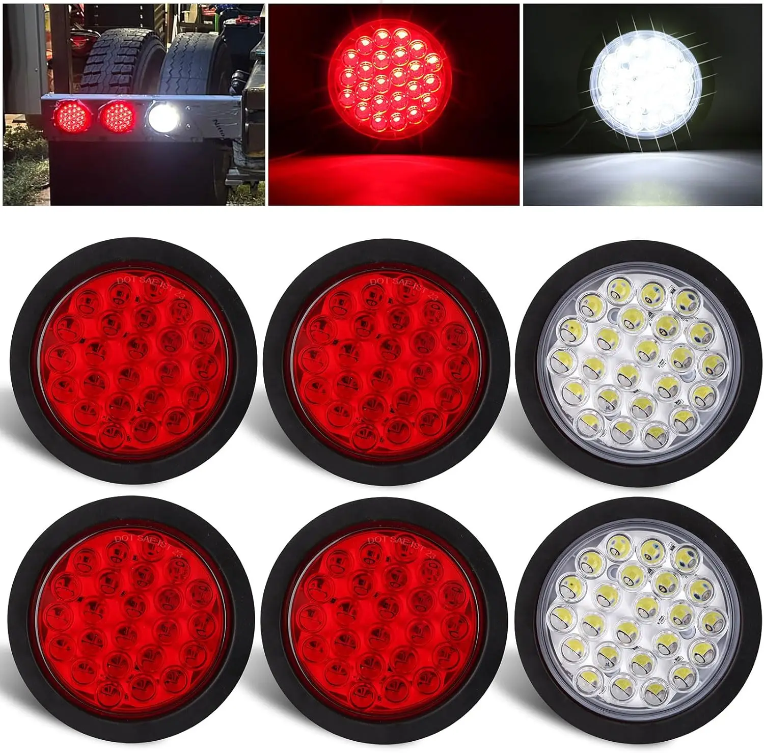 

6Pcs 4 Inch Round LED Trailer Tail Lights Kit, 24 LEDs, Stop Turn Tail Back-up Reverse Fog Lights with Grommet, 3-Prong Wire Pig