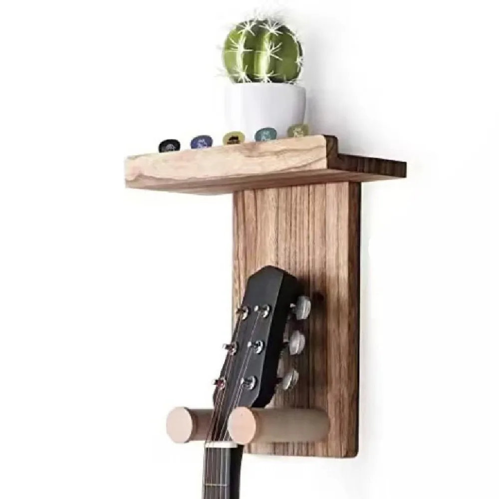 Wooden Wall Mount Guitar Racks Scratch-Proof with Shelf Guitar Hanger Sturdy Space Saving String Instrument Storage Rack