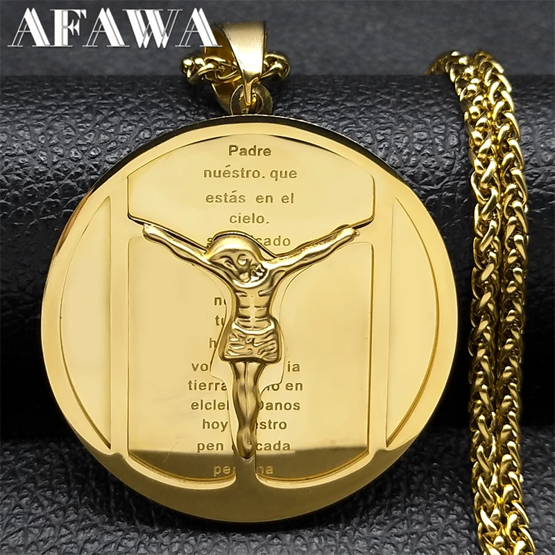 Lord's Prayer Crucifix Jesus Christ Medal Pendant Necklace for Women Men Stainless Steel Male Chain Jewelry collar NZZZ170S02