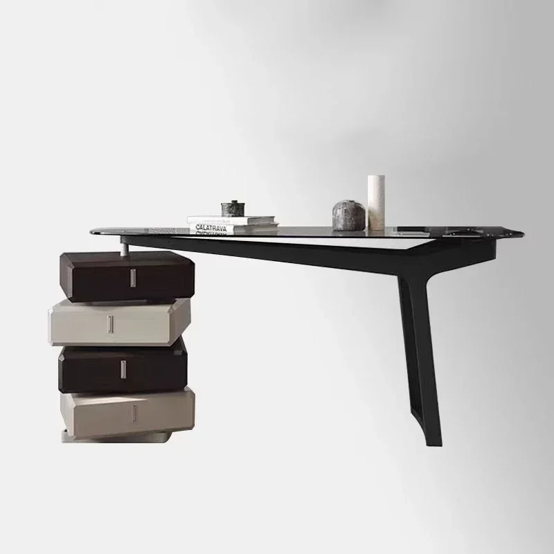 03.Italian minimalist curved glass surface desk light luxury high-end computer minimalist desk