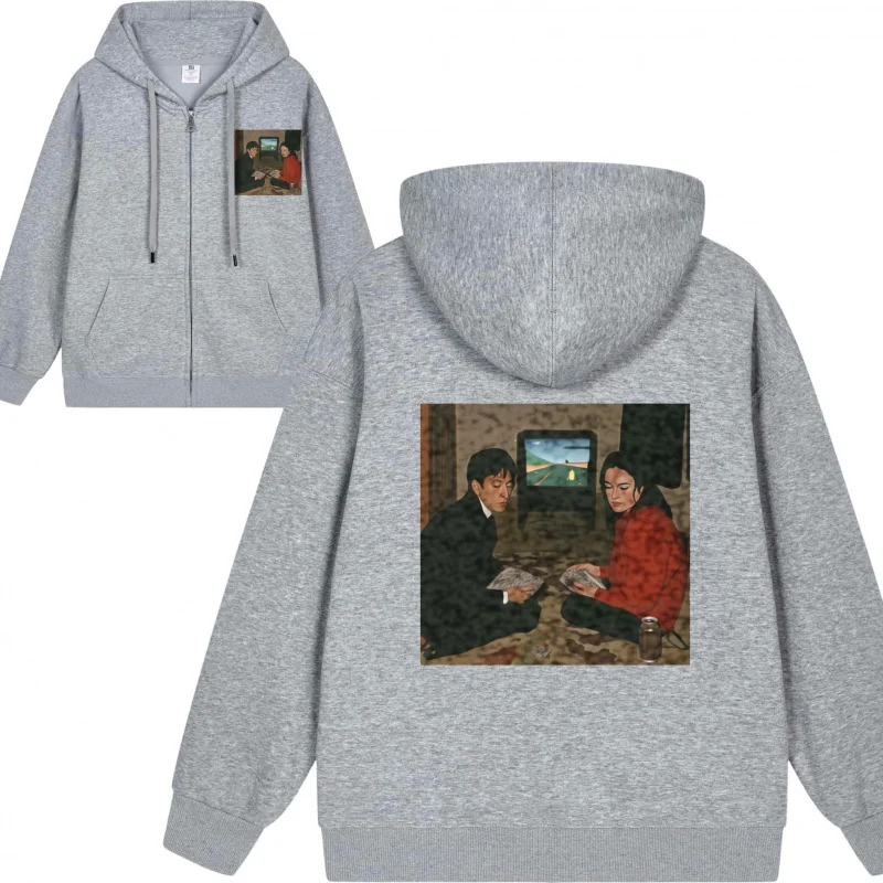 سترة بغطاء للرأس بسحاب للرجال يشاهدون التلفزيون على الأريكة 2025 نمط جديد غير رسمي للأزواج كاجوال وفضفاض #4