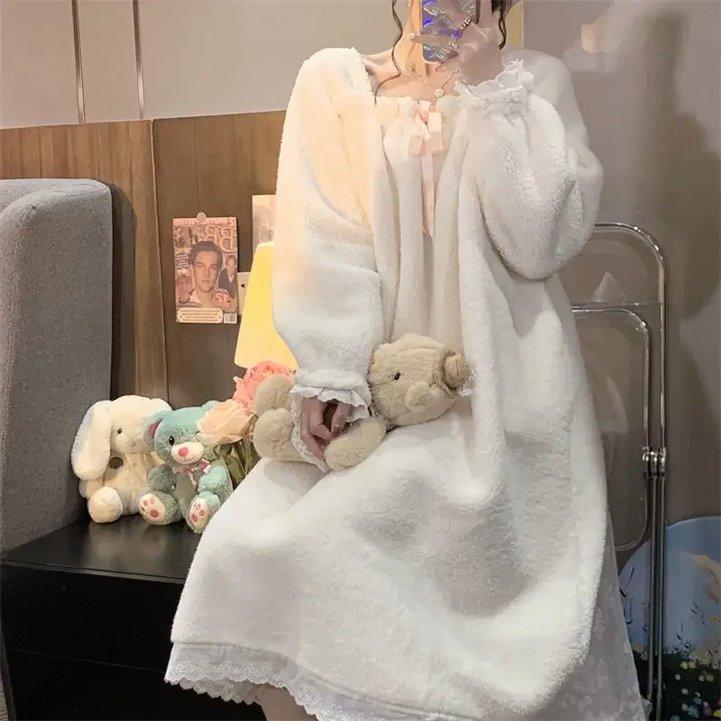 

Women's Winter Thick Nightdress Solid Fleece Warm Ladies Nightgown Long Sleeve Korea Style Cute Nightwear for Female Homewear