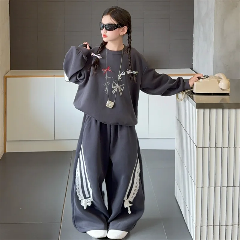 

Korean Autumn Children Girls 2pcs Tracksuit Kids Girls Bowknot Round Neck Sweatshirt Teenager Girls Striped Patchwork Sweatpant