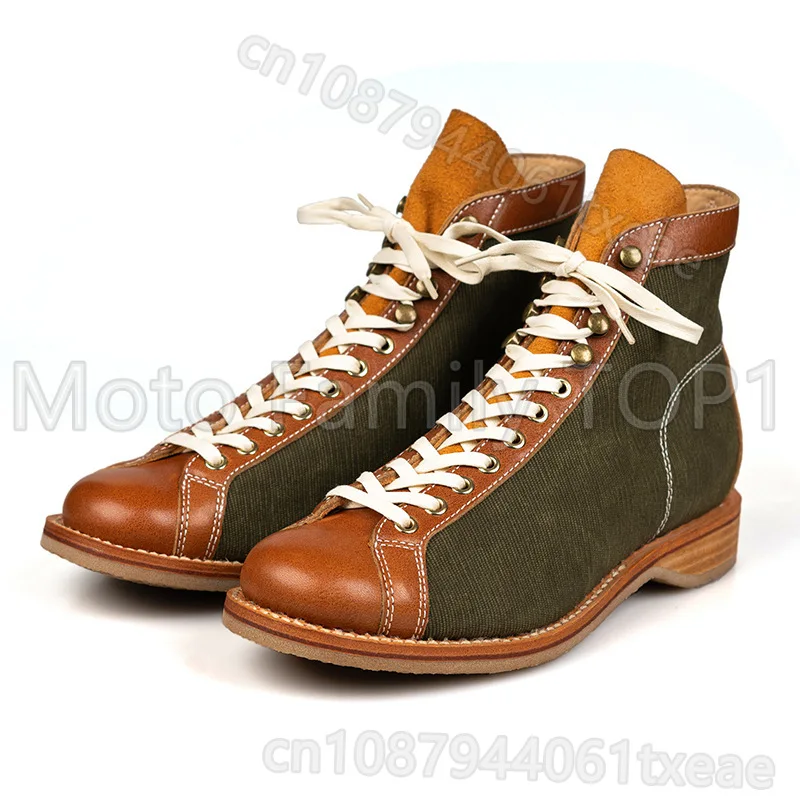 

Men's round head boxing boots retro locomotive cowhide splicing high-top tooling leather boots men botas moto motorbike boots