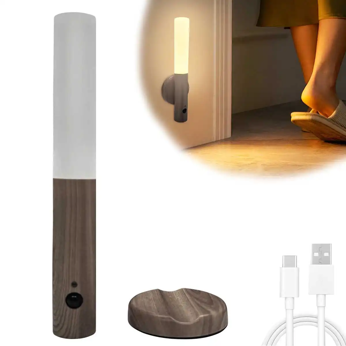 Imitation Wood Art Light Human Body Induction Small LED Night Light USB Charging Hallway Induction Light Closet Induction