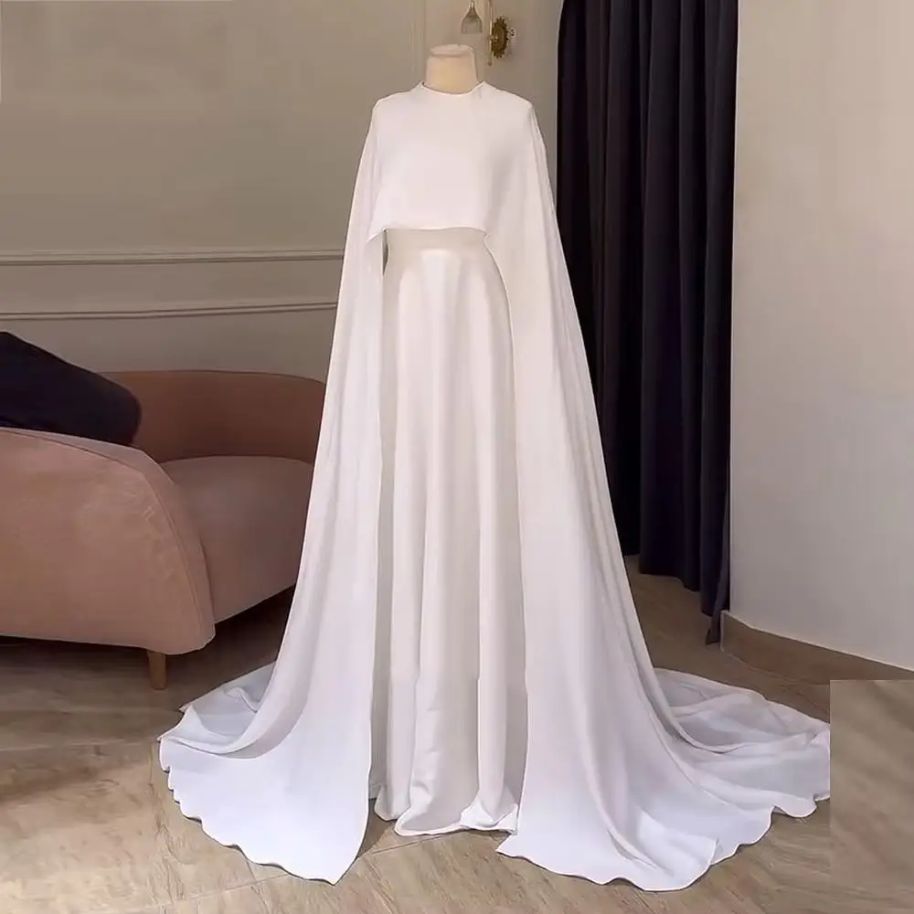 White O-Neck Wedding Dress 2025 Shawl Long Sleeve Button A-Line Saudi Arabia Sweep Train Muslim Floor-Length Pleated Customized