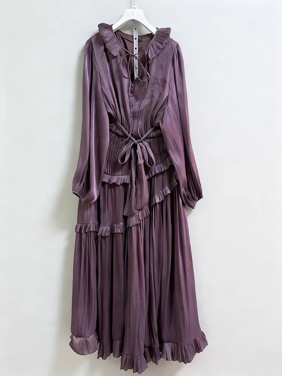 TWOTWINSTYLE Vintage Loose Spliced Ruffles Folds Dresses for Women V Neck Long Sleeves Tunic Patchwork Lace Up Dress Female New