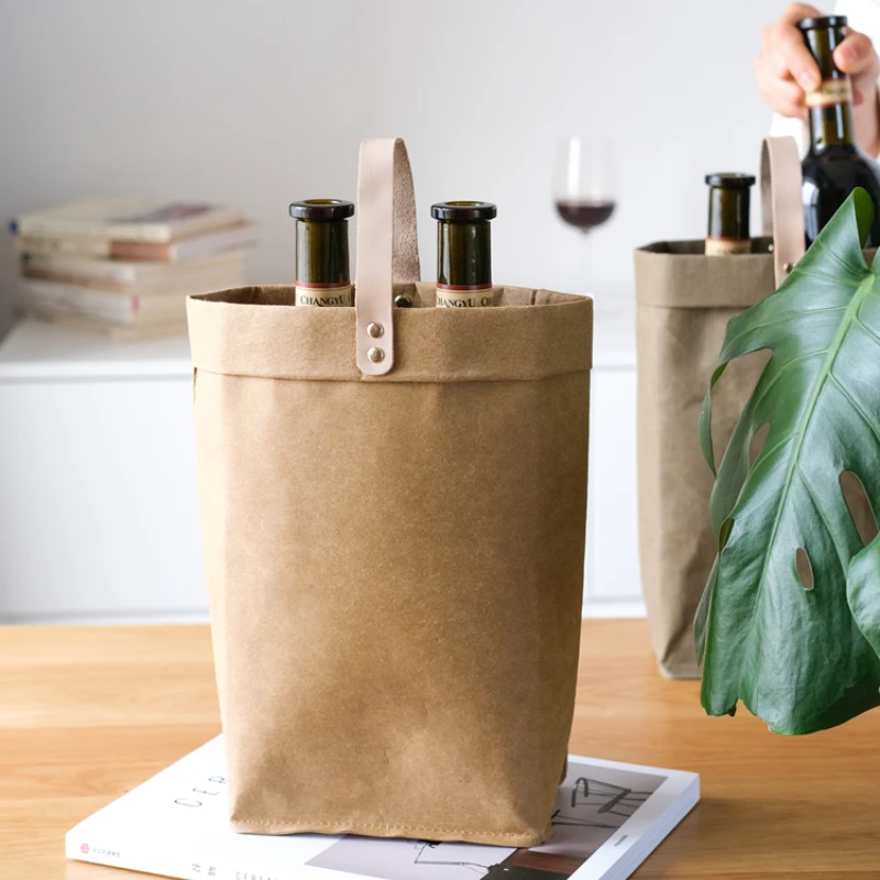 Wine Handbag Vintage Kraft Paper Waterproof Washable Eco-friendly Gift Shopping Bag Leisure Travel Storage Reusable Bags NEW