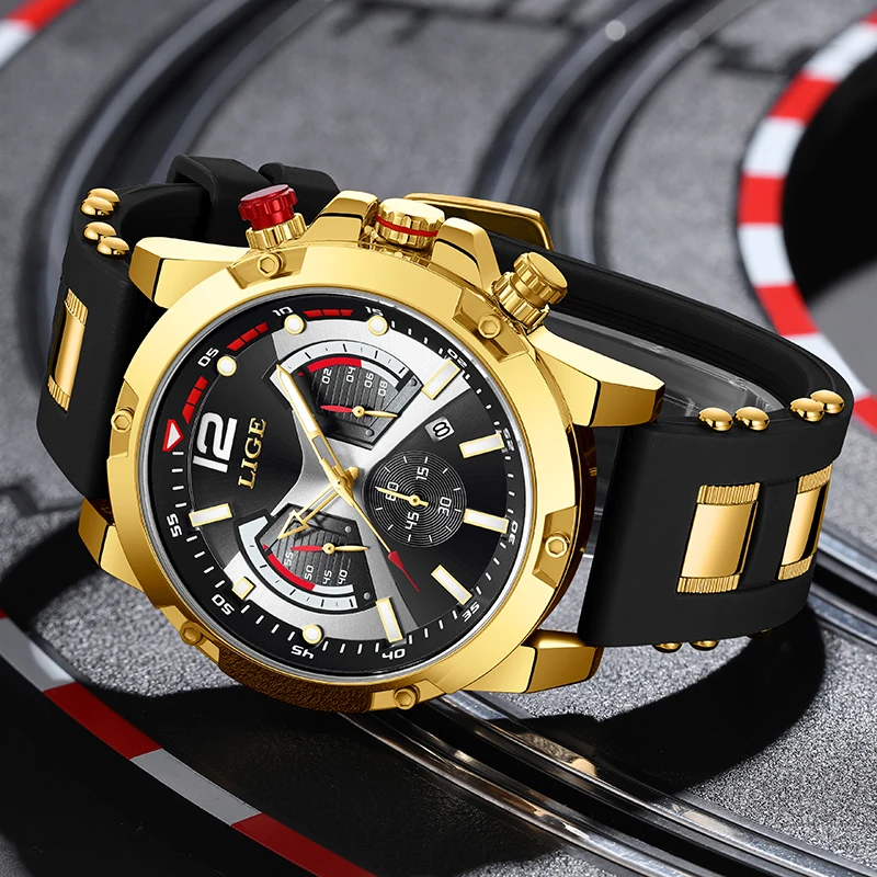 LIGE Fashion Chronograph Men Watches Top Brand Luxury Silicone Sport Wristwatch Business Quartz Clock Waterproof Montre Homme