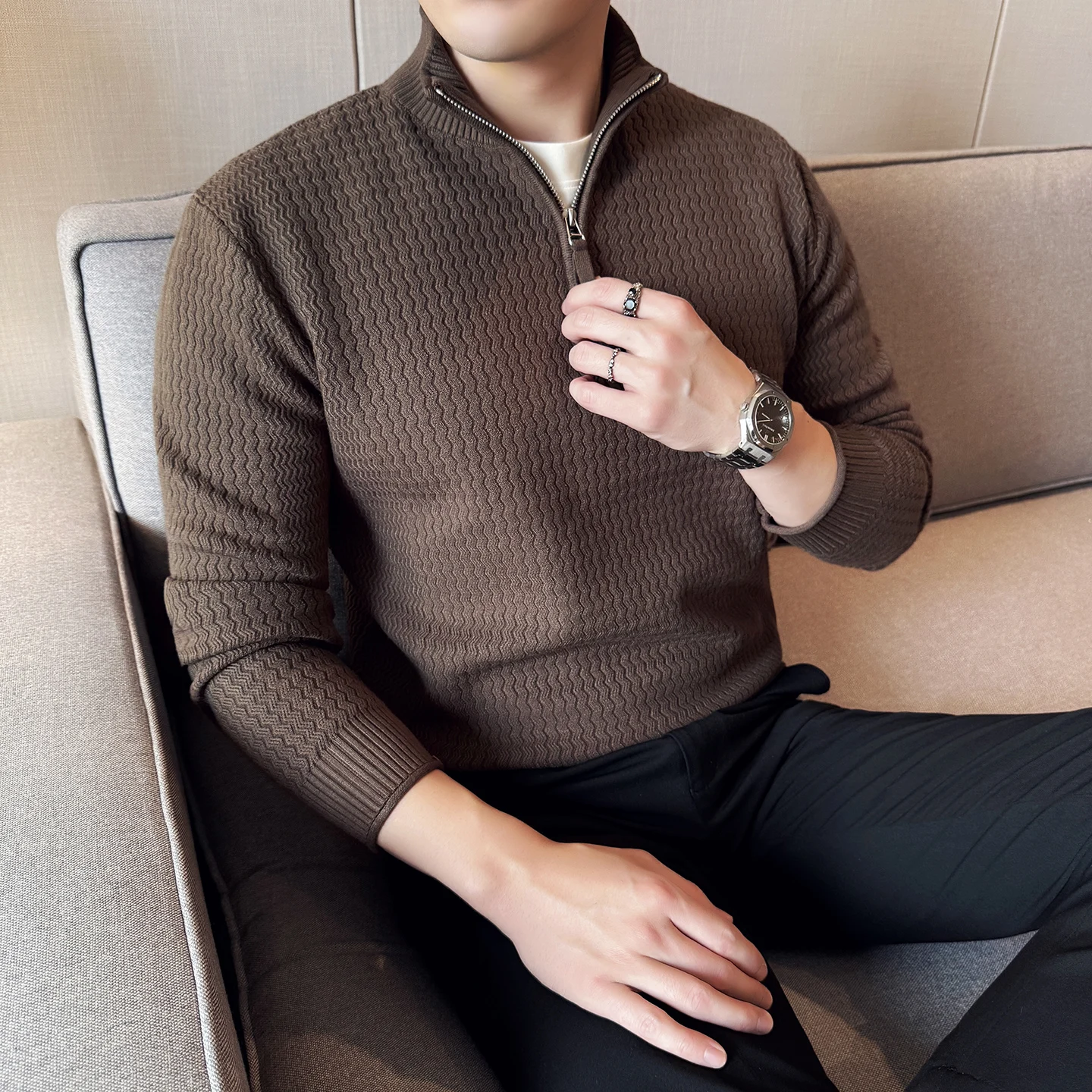 Autumn/Winter Korean Half Zipper Sweater for Men Standing Collar Casual Knitted Sweater Versatile Business Social Knitwear M-4XL