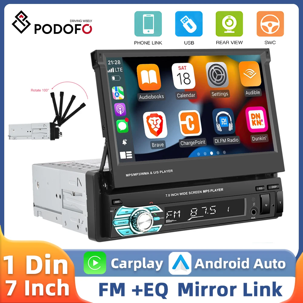 Podofo 7inch MP5 Player 1Din Retractable Car Radio Carplay Andriod Auto Multimedia Player Bluetooth D-play Mirror Link Car Audio